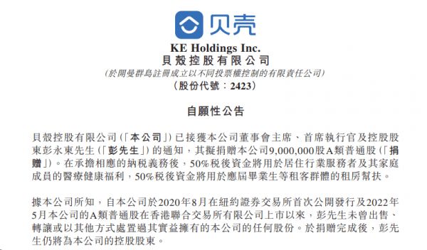 贝壳董事会主席拟捐赠900万股 用于居住服务者医疗健康福利及应届毕业生等租客群体帮扶